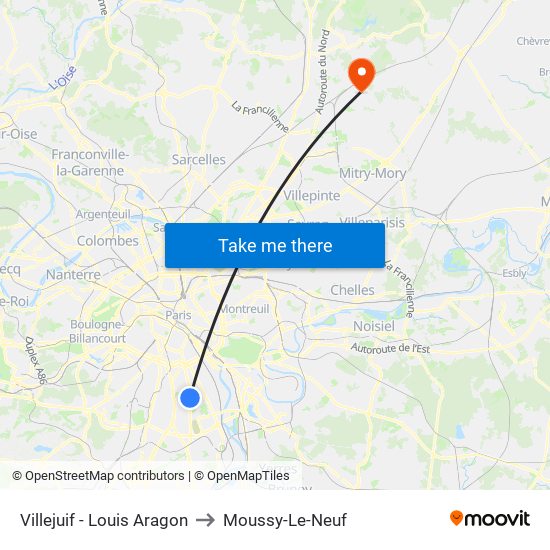 Villejuif - Louis Aragon to Moussy-Le-Neuf map