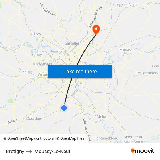 Brétigny to Moussy-Le-Neuf map