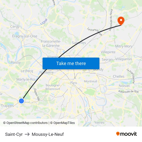 Saint-Cyr to Moussy-Le-Neuf map