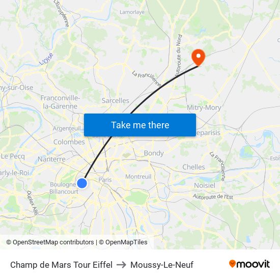 Champ de Mars Tour Eiffel to Moussy-Le-Neuf map