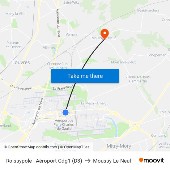 Roissypole - Aéroport Cdg1 (D3) to Moussy-Le-Neuf map