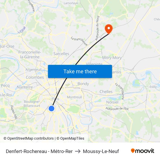 Denfert-Rochereau - Métro-Rer to Moussy-Le-Neuf map