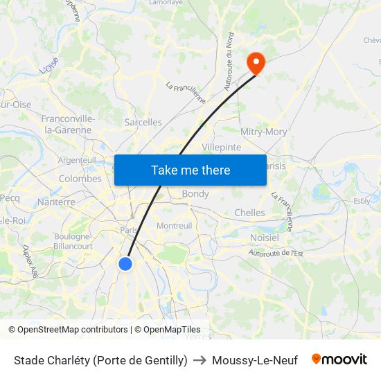 Stade Charléty (Porte de Gentilly) to Moussy-Le-Neuf map
