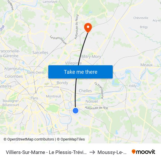 Villiers-Sur-Marne - Le Plessis-Trévise RER to Moussy-Le-Neuf map