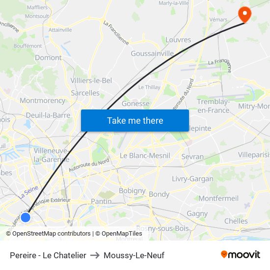 Pereire - Le Chatelier to Moussy-Le-Neuf map