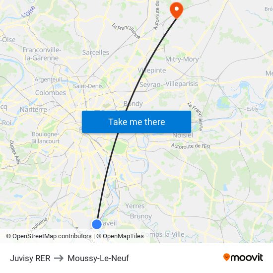 Juvisy RER to Moussy-Le-Neuf map