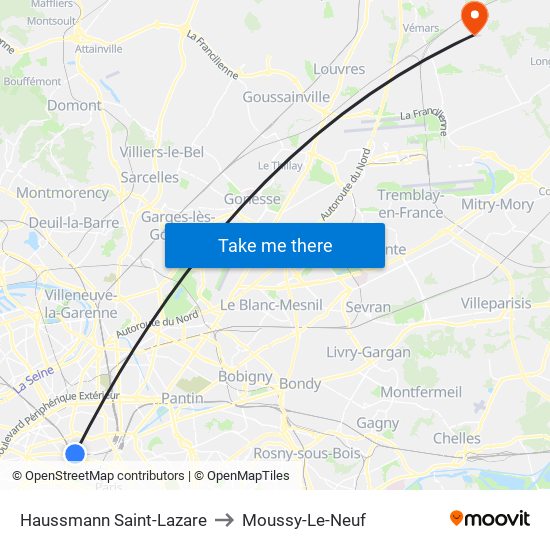 Haussmann Saint-Lazare to Moussy-Le-Neuf map