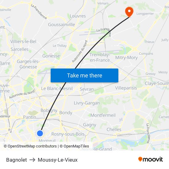 Bagnolet to Moussy-Le-Vieux map