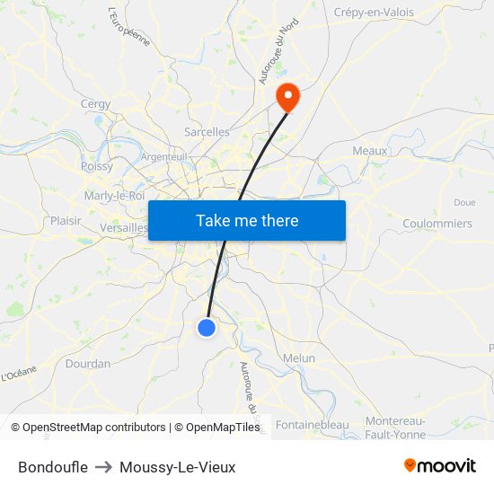 Bondoufle to Moussy-Le-Vieux map