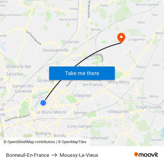 Bonneuil-En-France to Moussy-Le-Vieux map
