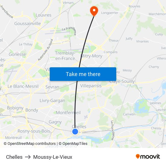 Chelles to Moussy-Le-Vieux map