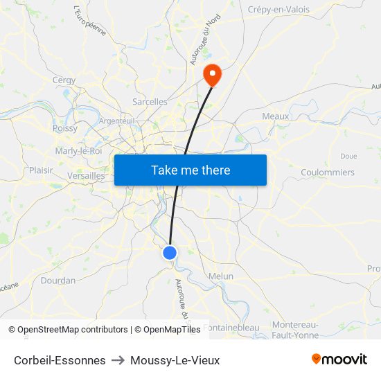Corbeil-Essonnes to Moussy-Le-Vieux map