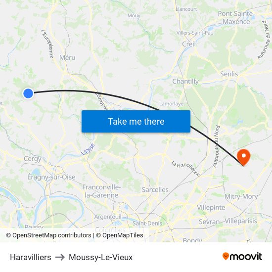 Haravilliers to Moussy-Le-Vieux map