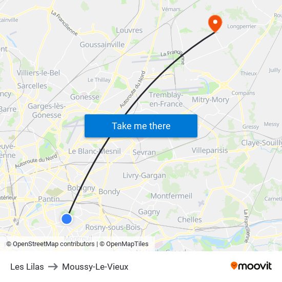 Les Lilas to Moussy-Le-Vieux map