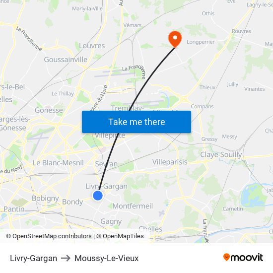 Livry-Gargan to Moussy-Le-Vieux map