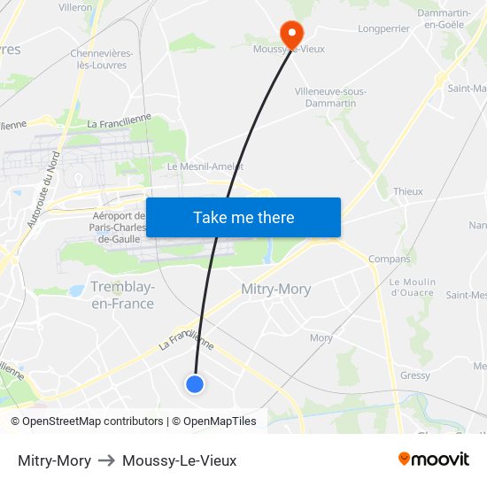 Mitry-Mory to Moussy-Le-Vieux map