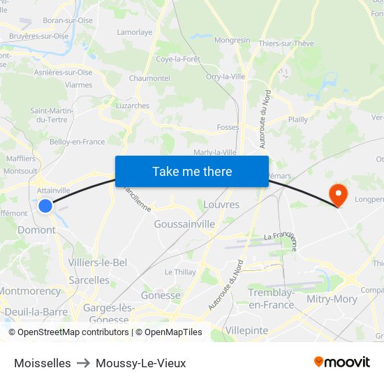 Moisselles to Moussy-Le-Vieux map