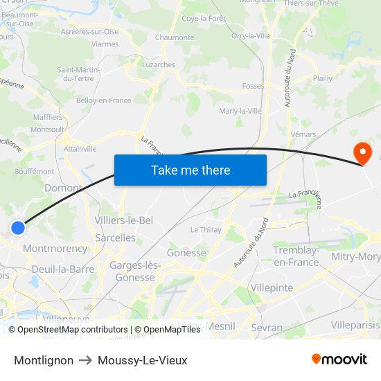 Montlignon to Moussy-Le-Vieux map