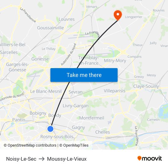 Noisy-Le-Sec to Moussy-Le-Vieux map
