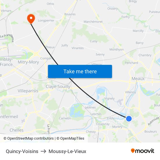 Quincy-Voisins to Moussy-Le-Vieux map