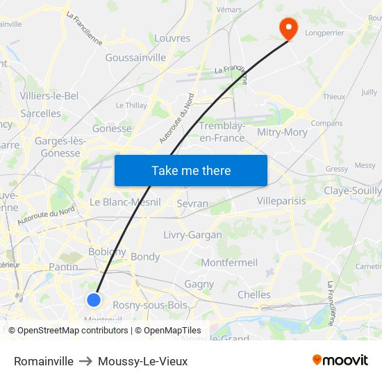 Romainville to Moussy-Le-Vieux map
