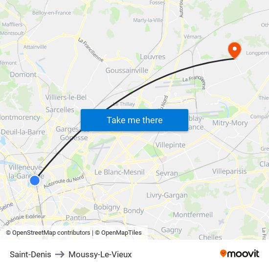 Saint-Denis to Moussy-Le-Vieux map