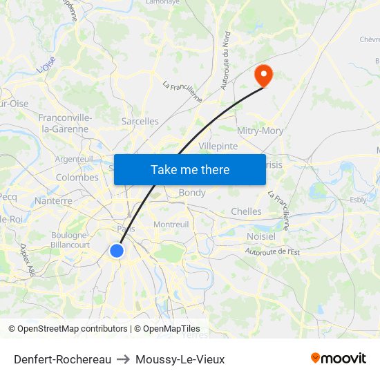 Denfert-Rochereau to Moussy-Le-Vieux map