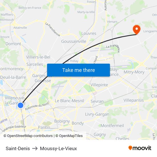 Saint-Denis to Moussy-Le-Vieux map