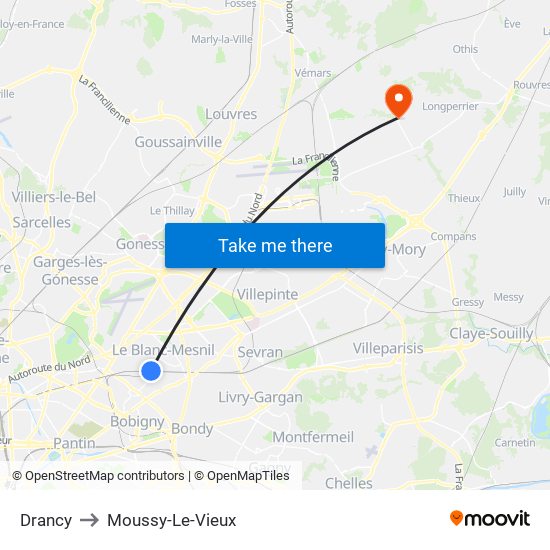 Drancy to Moussy-Le-Vieux map