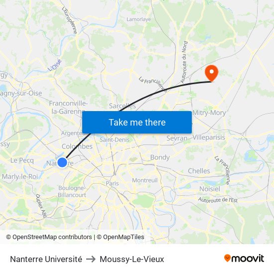 Nanterre Université to Moussy-Le-Vieux map