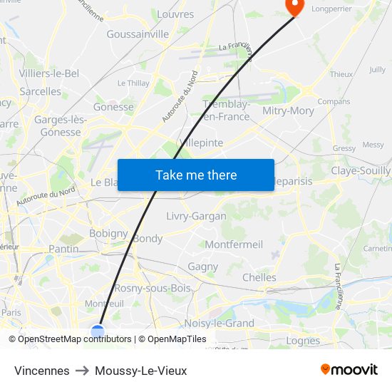 Vincennes to Moussy-Le-Vieux map