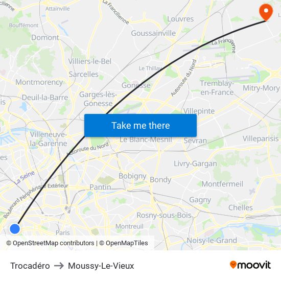 Trocadéro to Moussy-Le-Vieux map