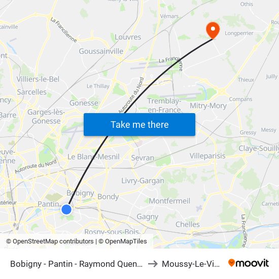 Bobigny - Pantin - Raymond Queneau to Moussy-Le-Vieux map