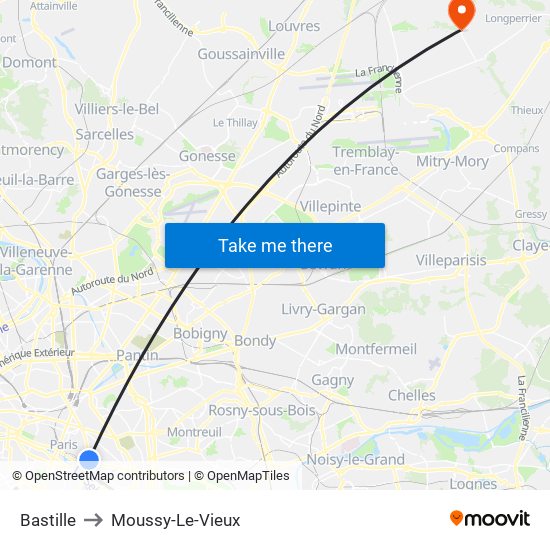 Bastille to Moussy-Le-Vieux map