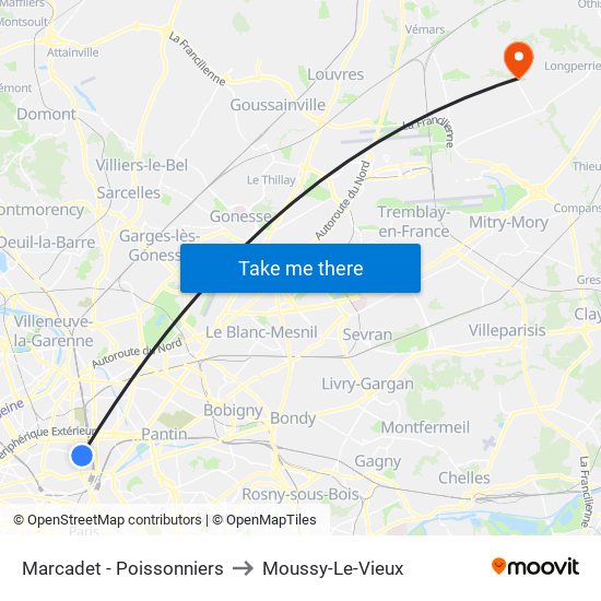 Marcadet - Poissonniers to Moussy-Le-Vieux map
