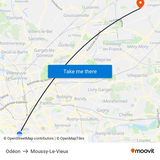 Odéon to Moussy-Le-Vieux map