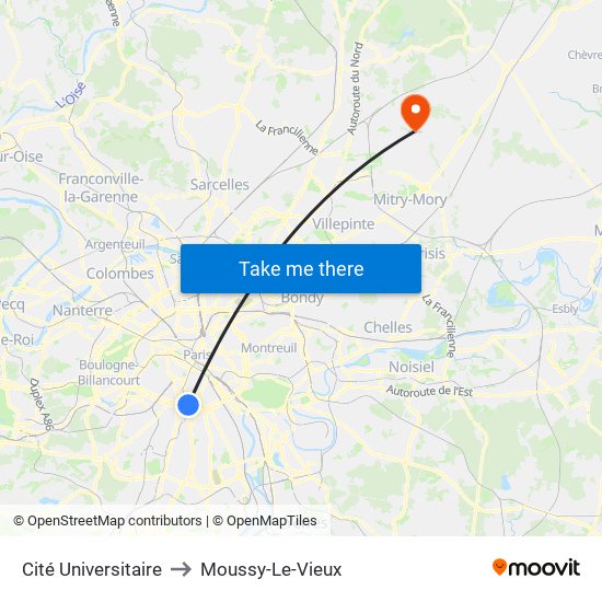 Cité Universitaire to Moussy-Le-Vieux map