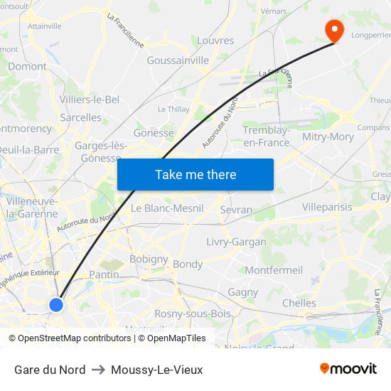 Gare du Nord to Moussy-Le-Vieux map