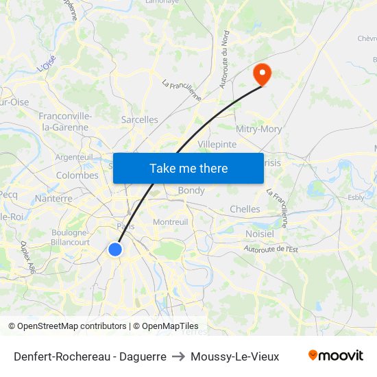 Denfert-Rochereau - Daguerre to Moussy-Le-Vieux map