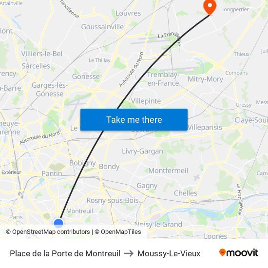 Place de la Porte de Montreuil to Moussy-Le-Vieux map