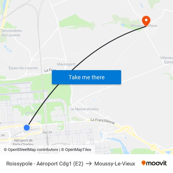 Roissypole - Aéroport Cdg1 (E2) to Moussy-Le-Vieux map