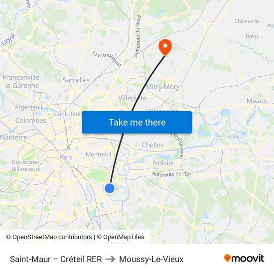 Saint-Maur – Créteil RER to Moussy-Le-Vieux map