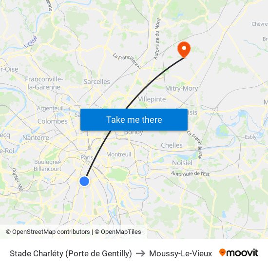 Stade Charléty (Porte de Gentilly) to Moussy-Le-Vieux map