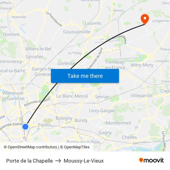 Porte de la Chapelle to Moussy-Le-Vieux map