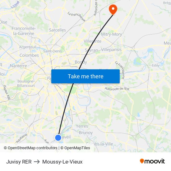 Juvisy RER to Moussy-Le-Vieux map