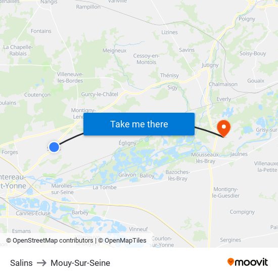 Salins to Mouy-Sur-Seine map