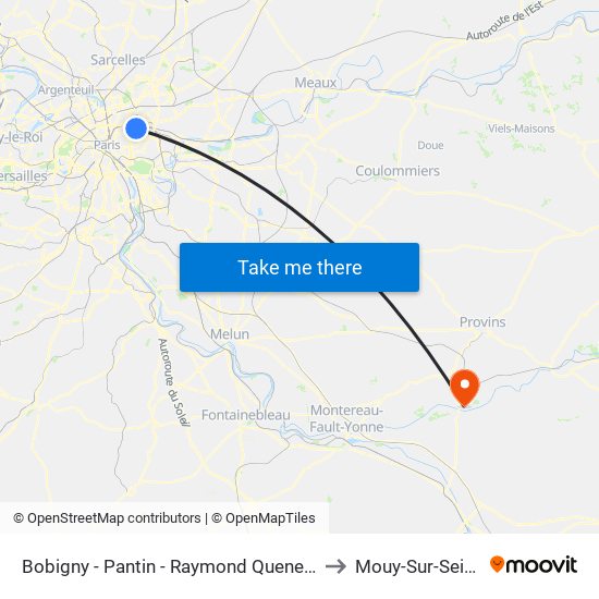 Bobigny - Pantin - Raymond Queneau to Mouy-Sur-Seine map