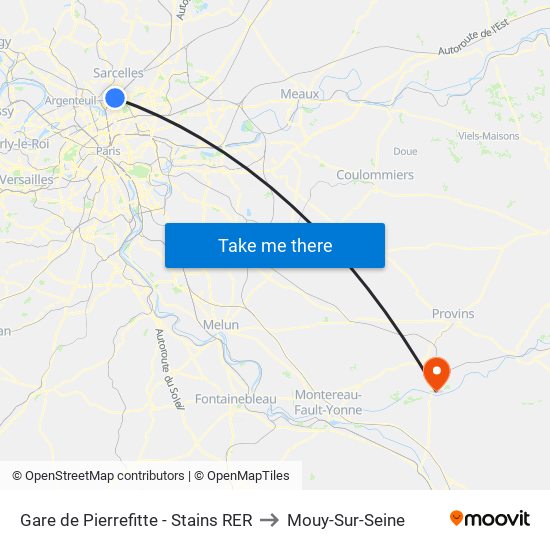 Gare de Pierrefitte - Stains RER to Mouy-Sur-Seine map