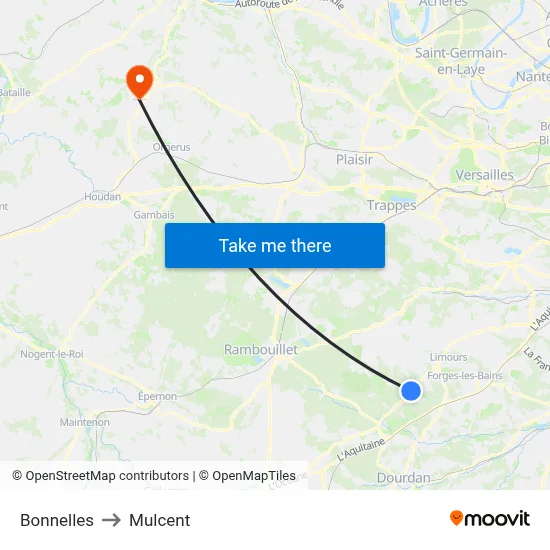 Bonnelles to Mulcent map