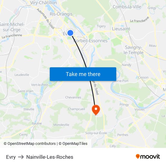 Evry to Nainville-Les-Roches map
